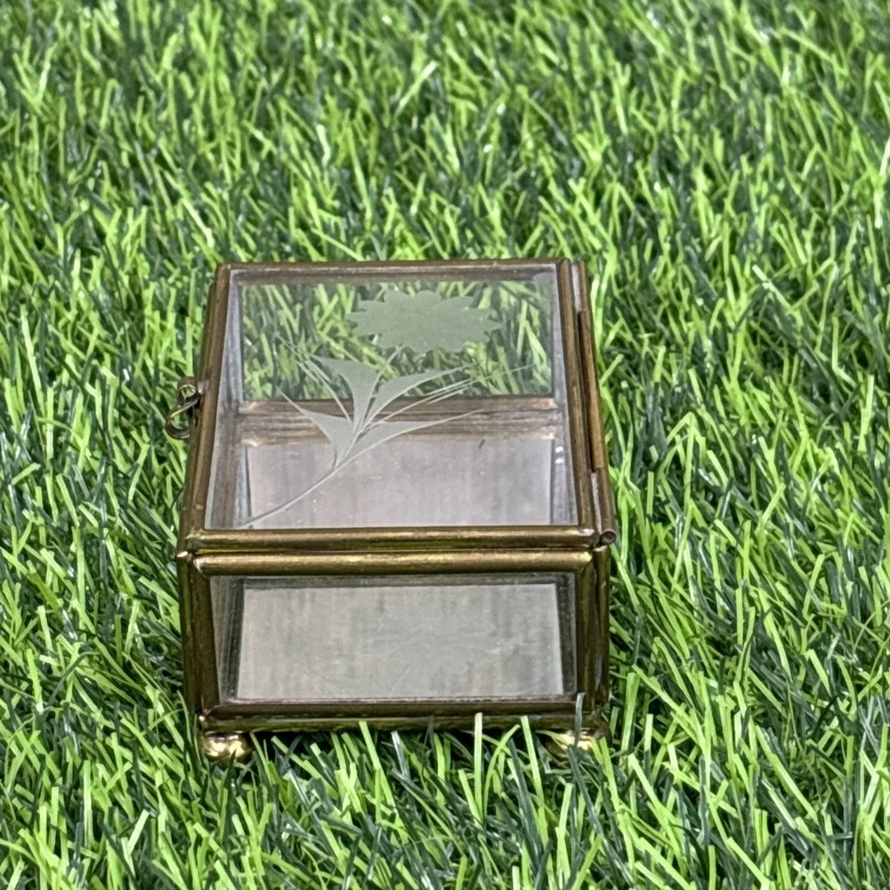Vintage Brass Glass Trinket Box Etched Floral Jewelry Display Decor